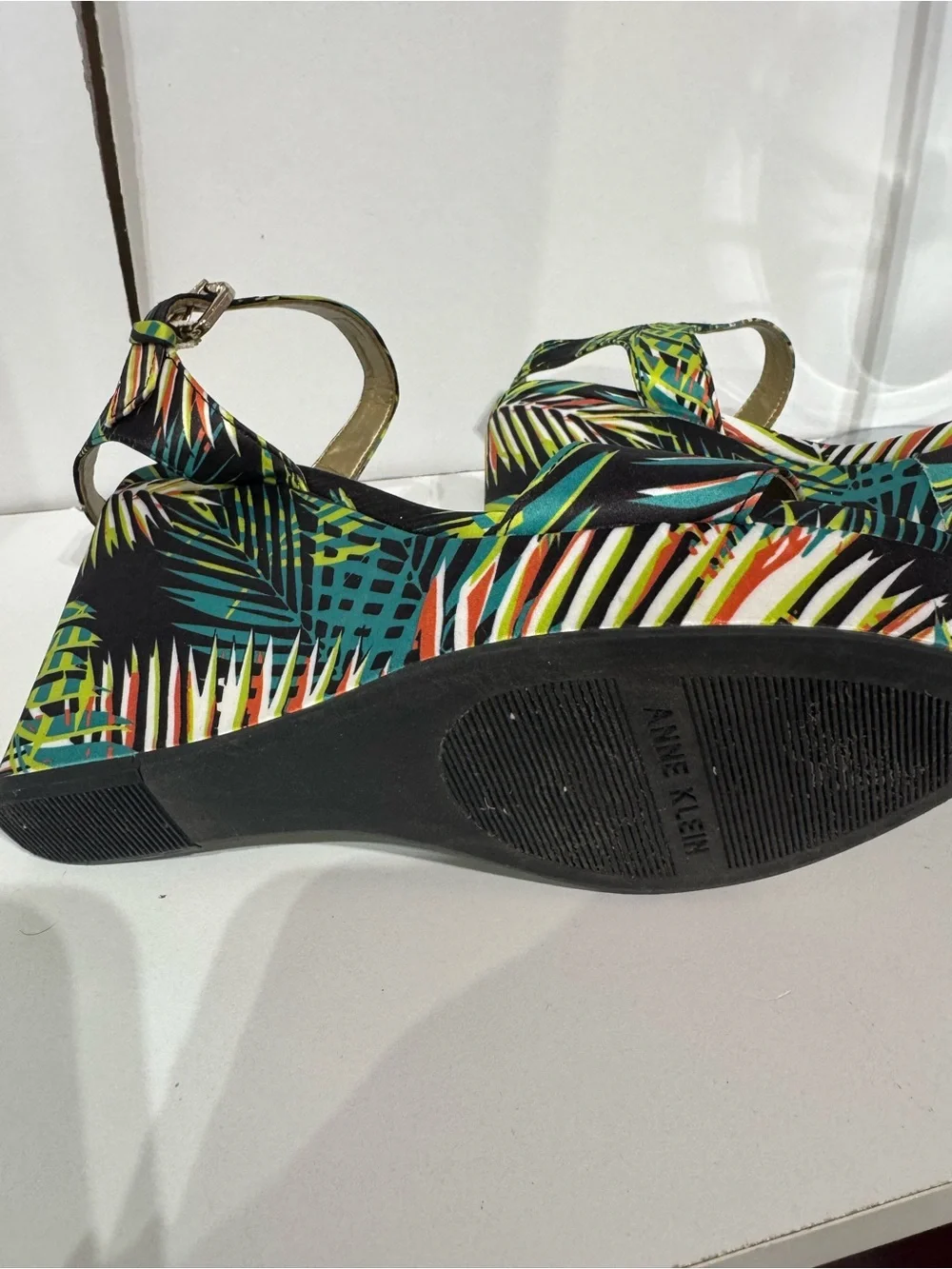 Anne Klein Tropical Leaf Print Ankle-Strap Sandals in Green and Black